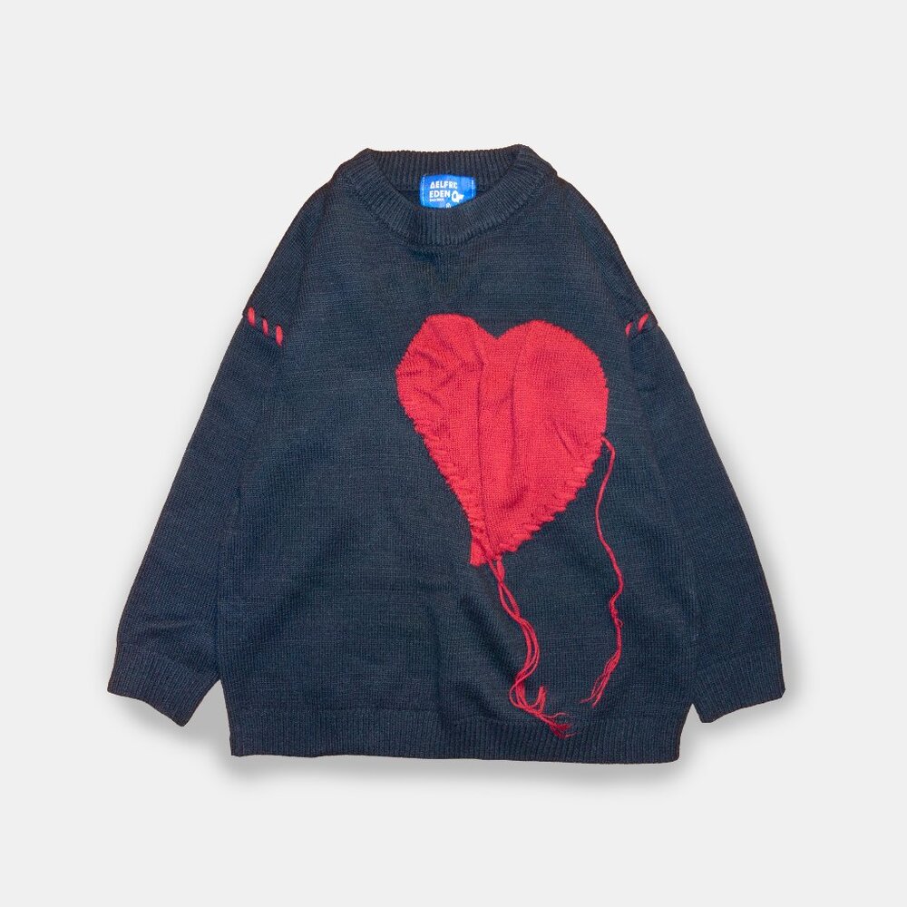 Crew Neck Oversized Knit Sweater, Alfrec Eden, Heart Stitch Design, Blue & Red